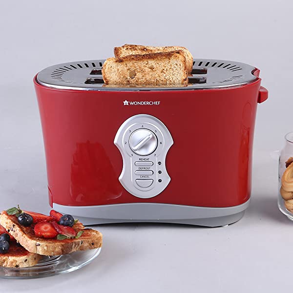 Crimson Edge Slice Toaster with Defrost, Reheat & Cancel Function | 800 Watt | 2 Bread Slice Automatic Pop-up Electric Toaster | 7- Level Browning Controls | Auto Shut Off | Mid Cycle Cancel Feature | Removable Tray | Easy to Clean | Red | 2 Year Warranty