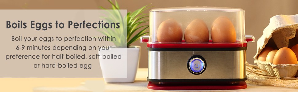 Crimson Edge Instant Electric Egg Boiler with 6 Egg Poachers|3 Boiling Modes, Soft, Medium, Hard| Auto Shut Off | Non-stick Egg Rack, Transparent Lid, Stainless Steel Body & Heating Plate, Steamer Rack| Alarm| Overheat Protection | Red| 2 Year Warranty