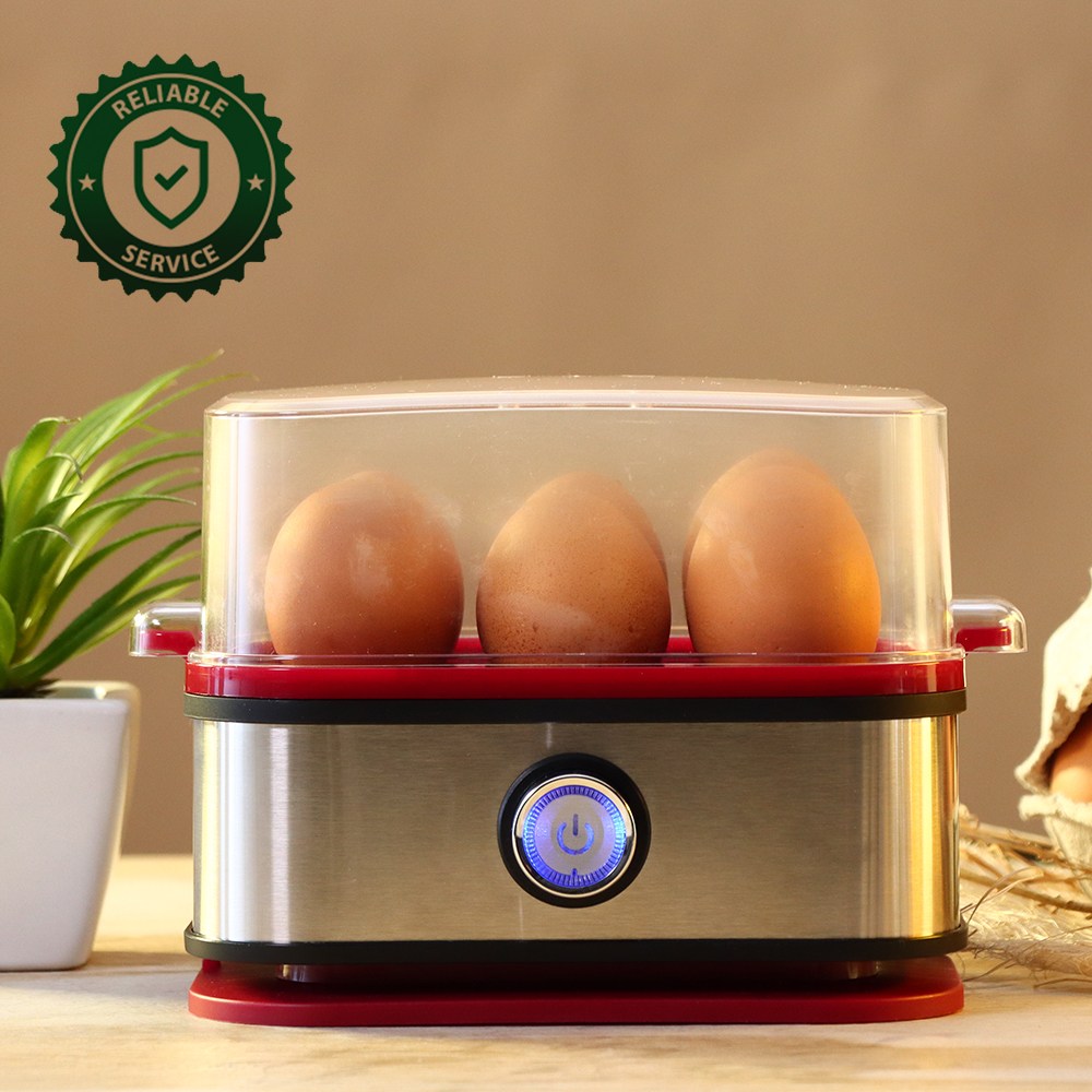 Crimson Edge Instant Electric Egg Boiler with 6 Egg Poachers|3 Boiling Modes, Soft, Medium, Hard| Auto Shut Off | Non-stick Egg Rack, Transparent Lid, Stainless Steel Body & Heating Plate, Steamer Rack| Alarm| Overheat Protection | Red| 2 Year Warranty