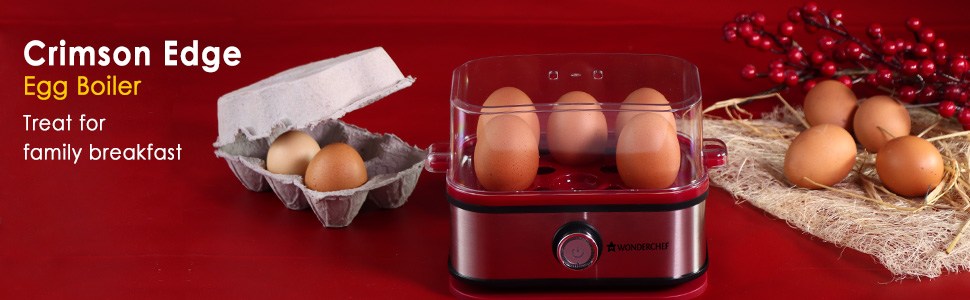 Crimson Edge Instant Electric Egg Boiler with 6 Egg Poachers|3 Boiling Modes, Soft, Medium, Hard| Auto Shut Off | Non-stick Egg Rack, Transparent Lid, Stainless Steel Body & Heating Plate, Steamer Rack| Alarm| Overheat Protection | Red| 2 Year Warranty