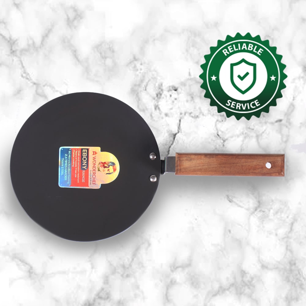 Ebony 28 cm Roti Tawa | Induction Bottom | Wooden Handle| Hard Anodized Aluminium | Non Stick Tawa | 4.06 mm| 5 Years Warranty | Black