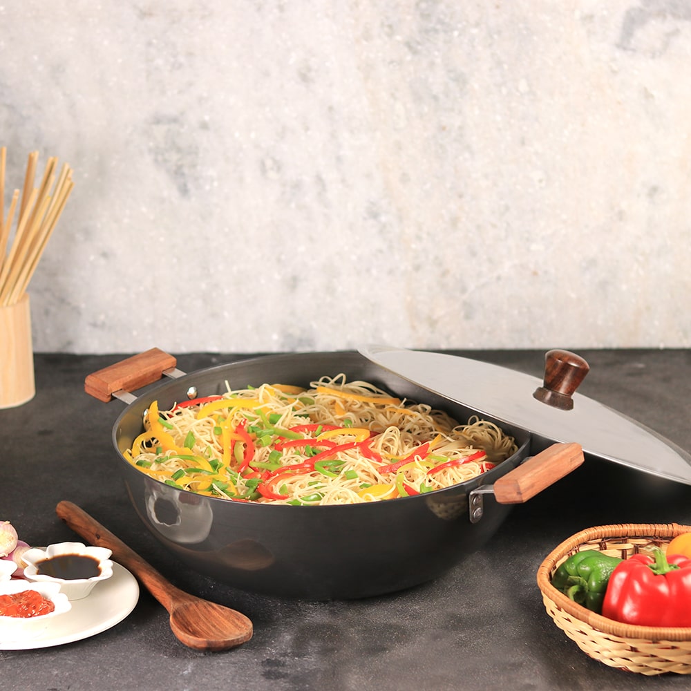 Ebony Hard Anodized 34 cm Deep Kadhai with Lid | 8 L| 3.25 mm thick| Ideal for Healthy Stir-frying, Saute, Curry | Black