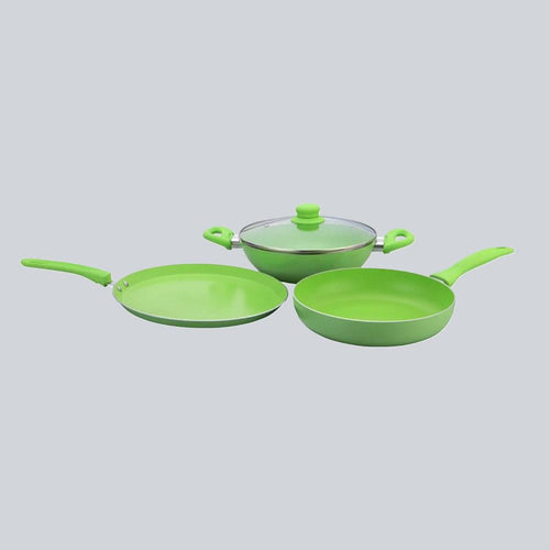 Family Non-stick Cookware Set, 4Pc (Wok With Lid, Fry Pan, Dosa Tawa), Induction Friendly, Soft Touch Handle, Pure Grade Aluminium, 2 Years Warranty, Green