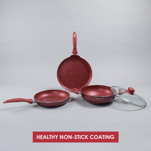 Garnet Non-stick Cookware Set, 4Pc (Wok with Lid, Fry Pan, Dosa Tawa), Induction Bottom, Soft Touch Handle, Pure Grade Aluminium, PFOA/Heavy Metals Free, 2.5mm, 2 Years Warranty, Red
