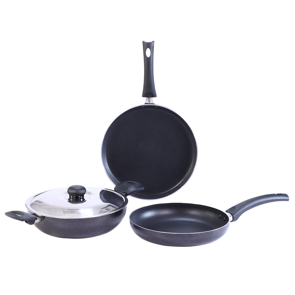 Platinum Plus Non-stick Cookware Set, 4Pc (Kadhai with Lid, Fry Pan, Dosa Tawa), Cool-touch Bakelite Handle, Pure Grade Aluminium, PFOA/Heavy Metals Free, 1 Year Warranty, Black