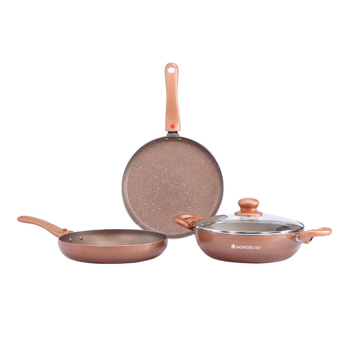 Ruby Plus Cookware Set Bronze 24 cm, Kadhai, Fry Pan, Dosa Tawa, Non-stick set of 3, Induction use, Tempered Glass Lid,