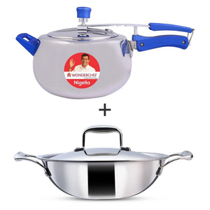 Wonderchef Nigella Tri-Ply Stainless Steel 28 cm Kadhai with Lid