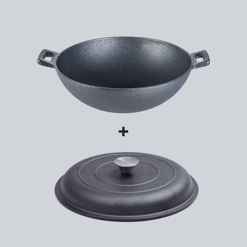 Forza Cast-iron Kadhai with lid combo, Pre-Seasoned Cookware, Induction Friendly, 30cm, 3.35L, 3.8mm