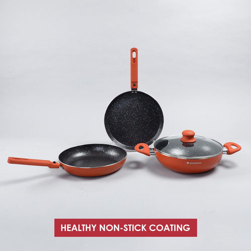 Power Non-stick Cookware Set, 4Pc (Wok with Lid, Fry Pan, Dosa Tawa), Induction Bottom, Soft Touch Handles, Pure Grade Aluminum, PFOA Free, 2 Years Warranty, Orange
