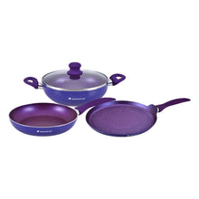 Load image into Gallery viewer, Blueberry Aluminium Non-stick Cookware Set, 4Pc (Wok with Lid, Fry Pan, Dosa Tawa), Induction Bottom, Soft Touch Handle, Pure Grade Aluminium, PFOA Free, 2 Years Warranty, Blue