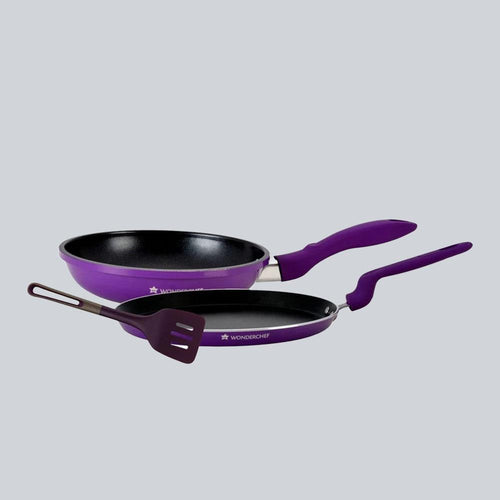 Elite Non-stick Cookware Set, 3Pc (Frying Pan, Dosa Tawa, Waterlily Slotted Turner),Induction Bottom, Soft-touch Handles, Virgin Grade Aluminium, PFOA/Heavy Metals Free, 2 Years Warranty, Purple