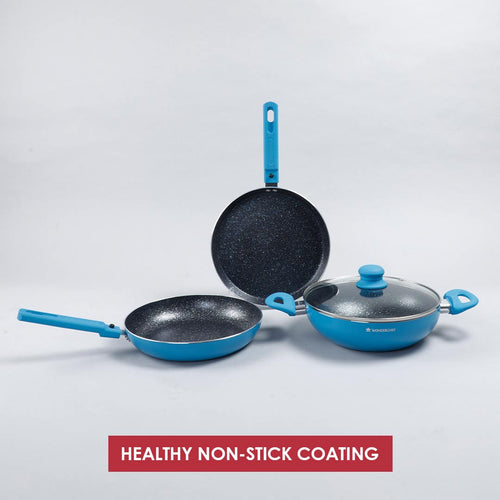 Power Non-stick Cookware Set, 4Pc (Wok with Lid, Fry Pan, Dosa Tawa), Induction Bottom, Soft Touch Bottom, Pure Grade Aluminum, PFOA Free, 2 Years Warranty, Blue