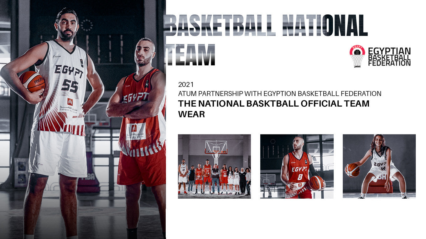 The Home Kit features the iconic colors of the Egyptian flag, with a bold red jersey and white shorts. The design incorporates the Egyptian Basketball Federation logo