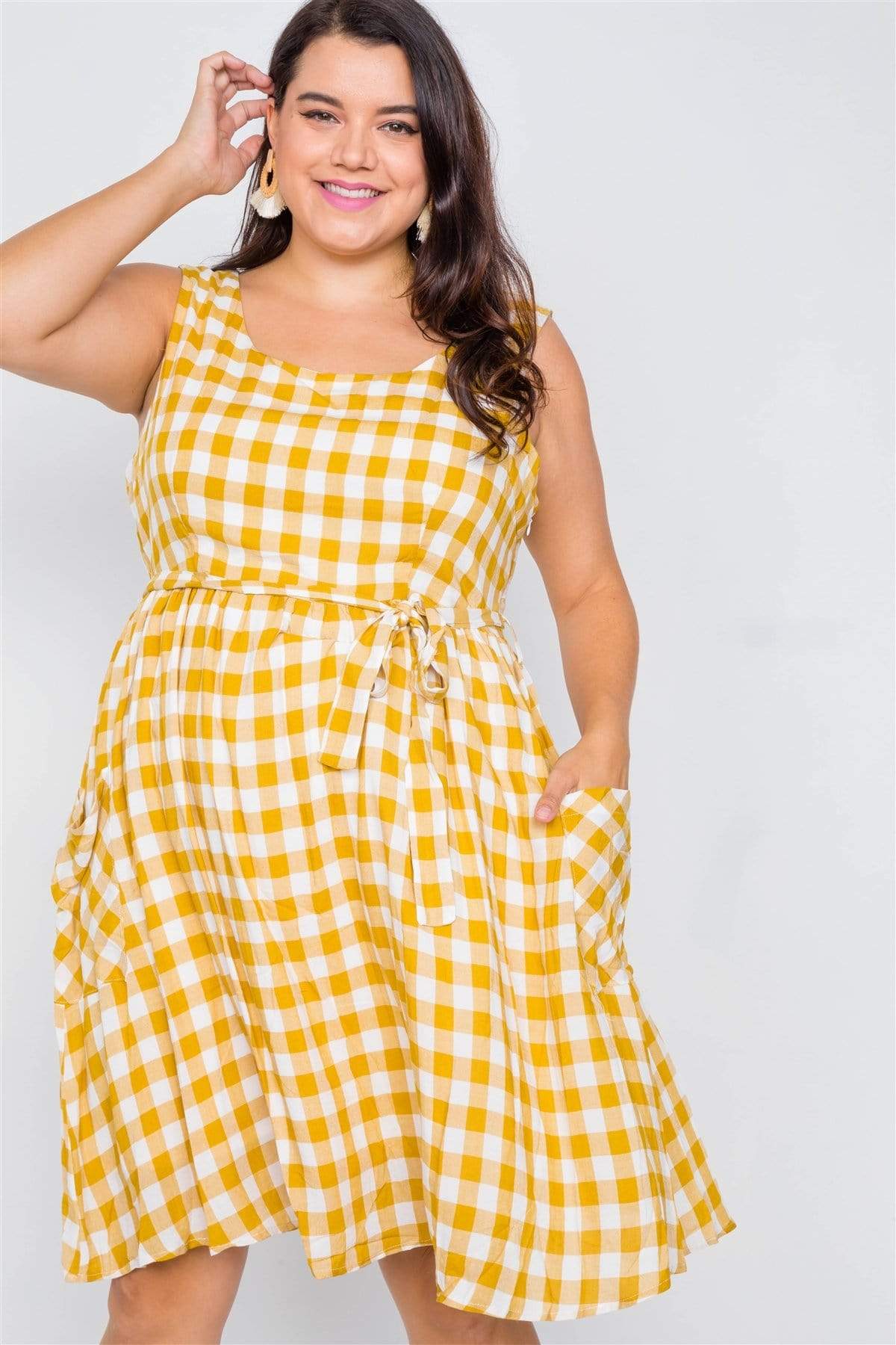 yellow gingham midi dress