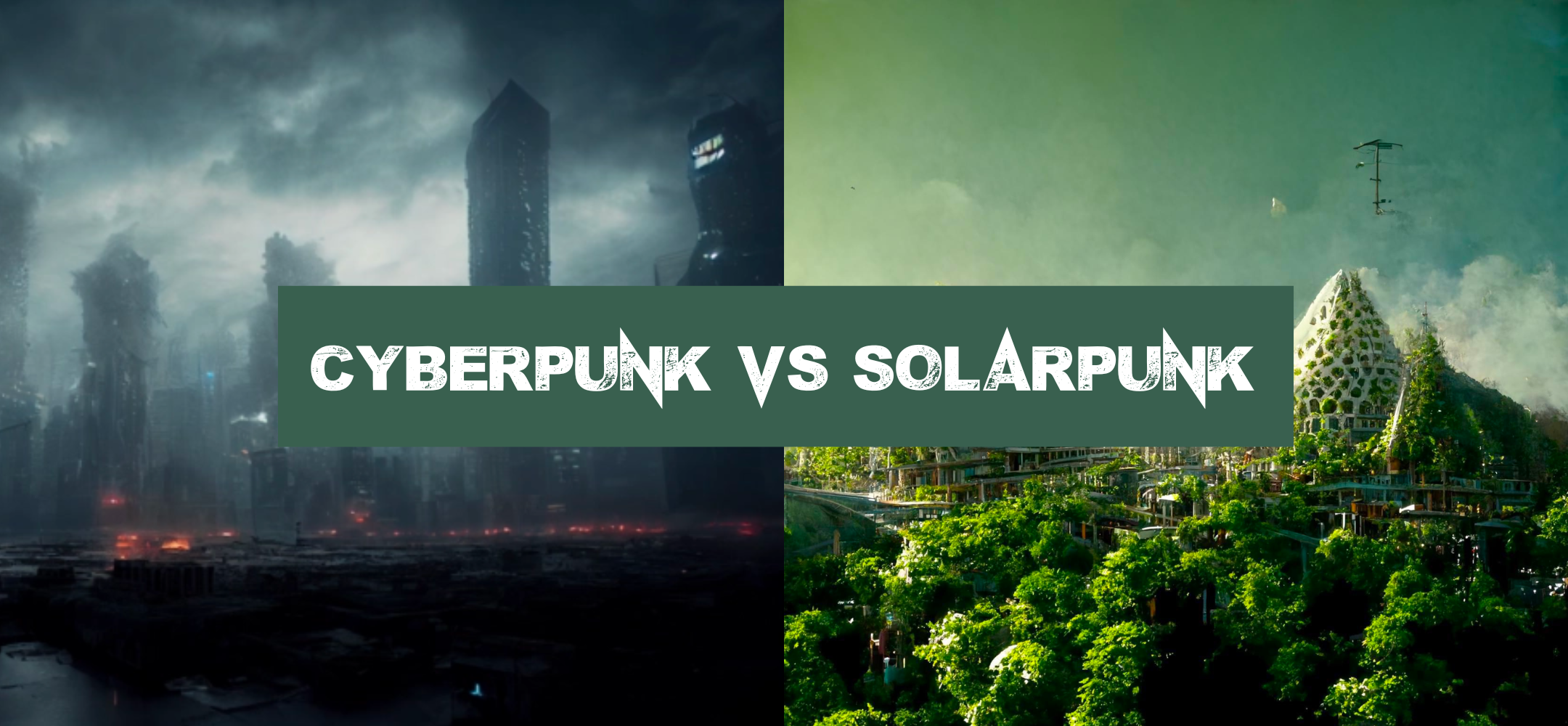 dark and polluted Cyberpunk city vs green solarpunk city