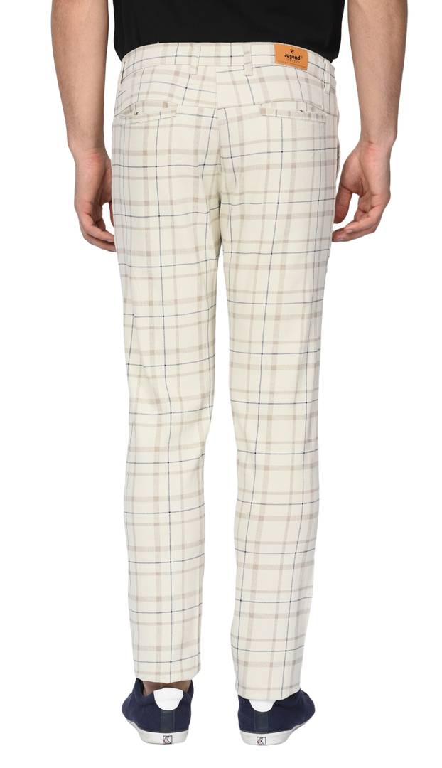 Beige Stretchable Slim Fit checked casual Trousers for Men's