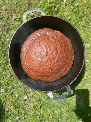 cooked chocolate cake in the dutch oven