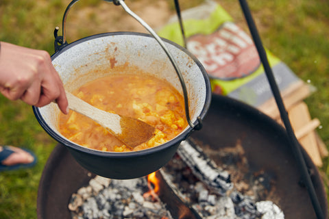 cauliflower curry cooked on a campfire