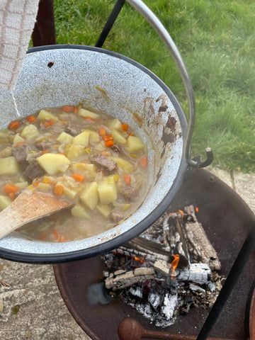 cooked irish stew cooking outdoors