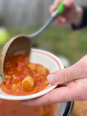 A bowl of hot vegan sausage casserole