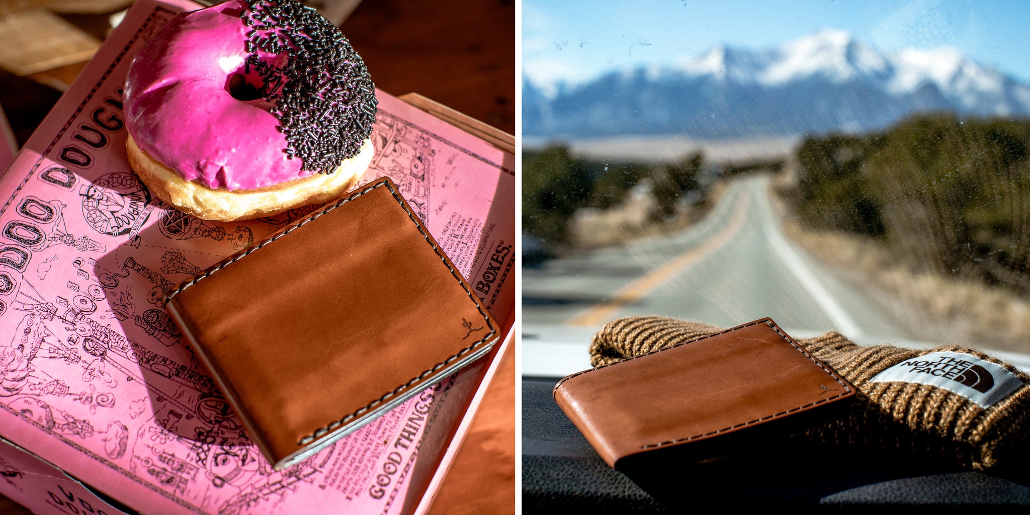 Two images. First image shows a pink box of donuts and a leather wallet sitting on a table. Second Photo shows a leather wallet sitting on a dashboard of a vehicle with mountains in the background