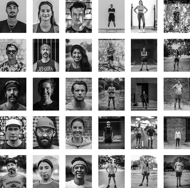 Black and white portraits of in a grid form showing 20+ runners 