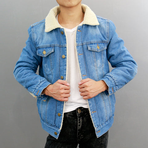 jaqueta jeans com forro de lã masculina