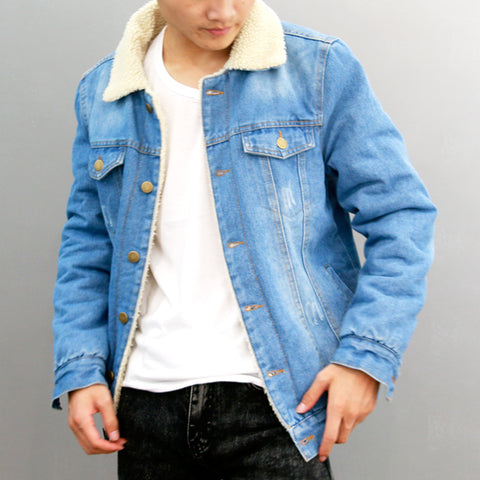 jaqueta jeans com forro de lã masculina