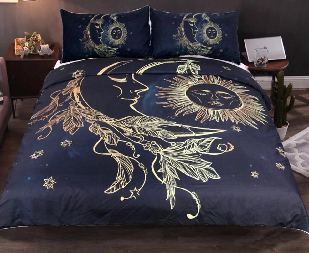 3 Pieces Gold Moon Sun Duvet Cover With Pillowcase Black Dark Blue