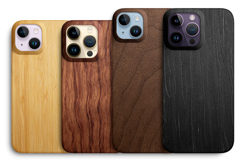 iPhone 14 wood cases in bamboo rosewood walnut and charcoal black for 14 14 plus 14 pro and 14 pro max