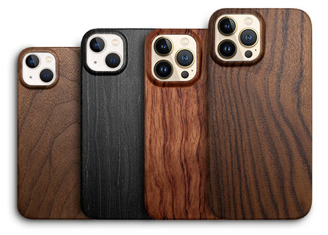 iPhone 14 wood cases in bamboo rosewood walnut and charcoal black for 14 14 plus 14 pro and 14 pro max