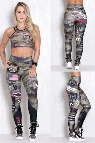 Women Army Green Print Push Up Elastic Workout Leggings