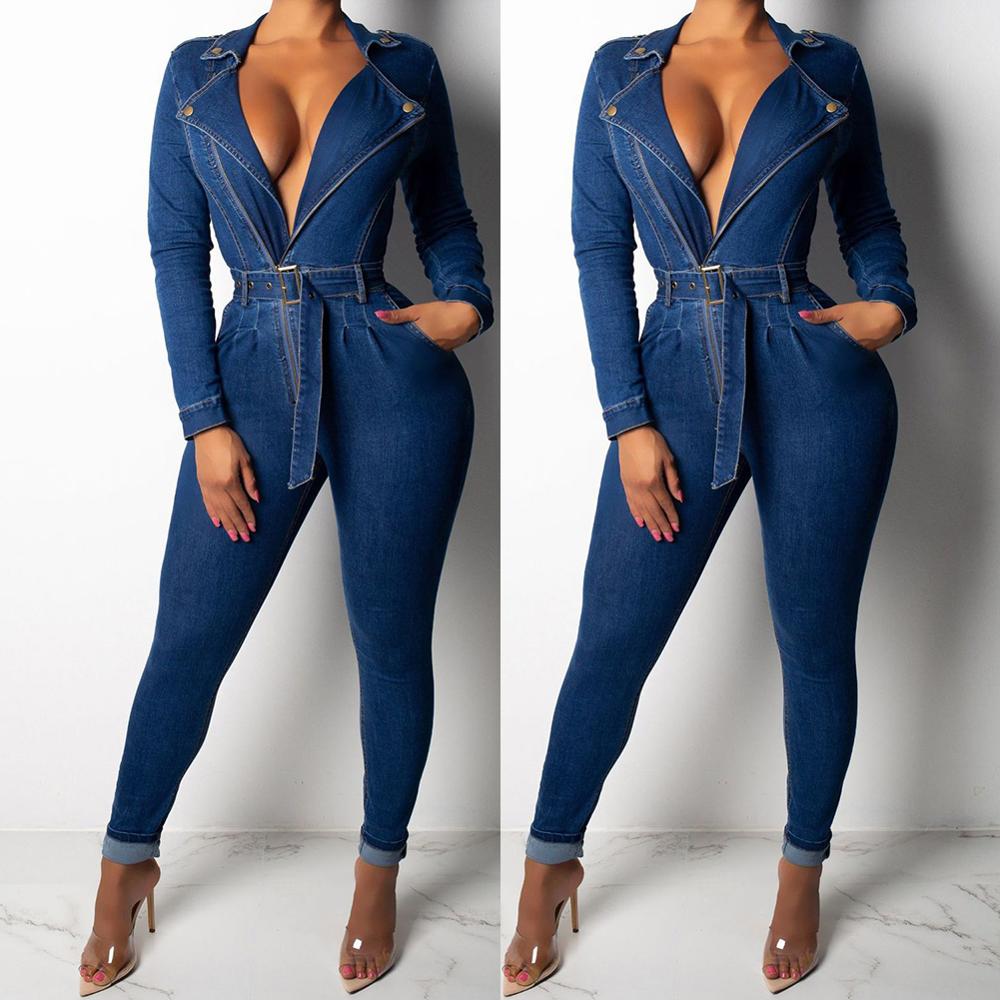 women's long sleeve denim jumpsuit