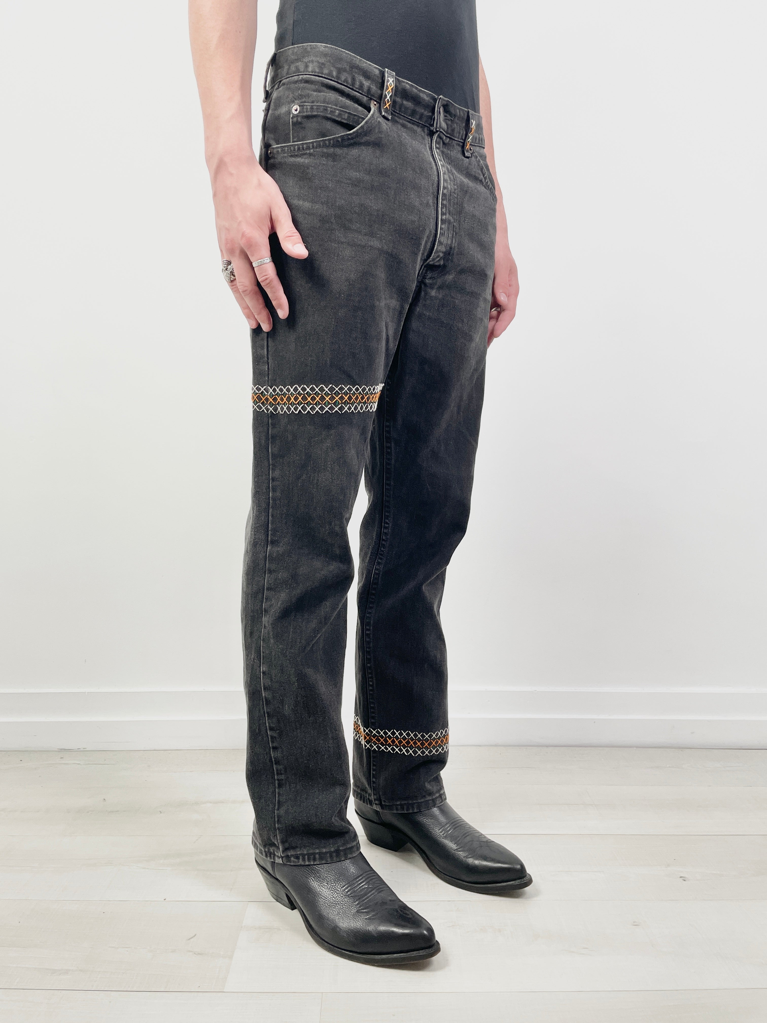 Customized Hand Cross-Stitched Orange Tab Levi's 506 Jeans | FAULKNER -  Faulkner