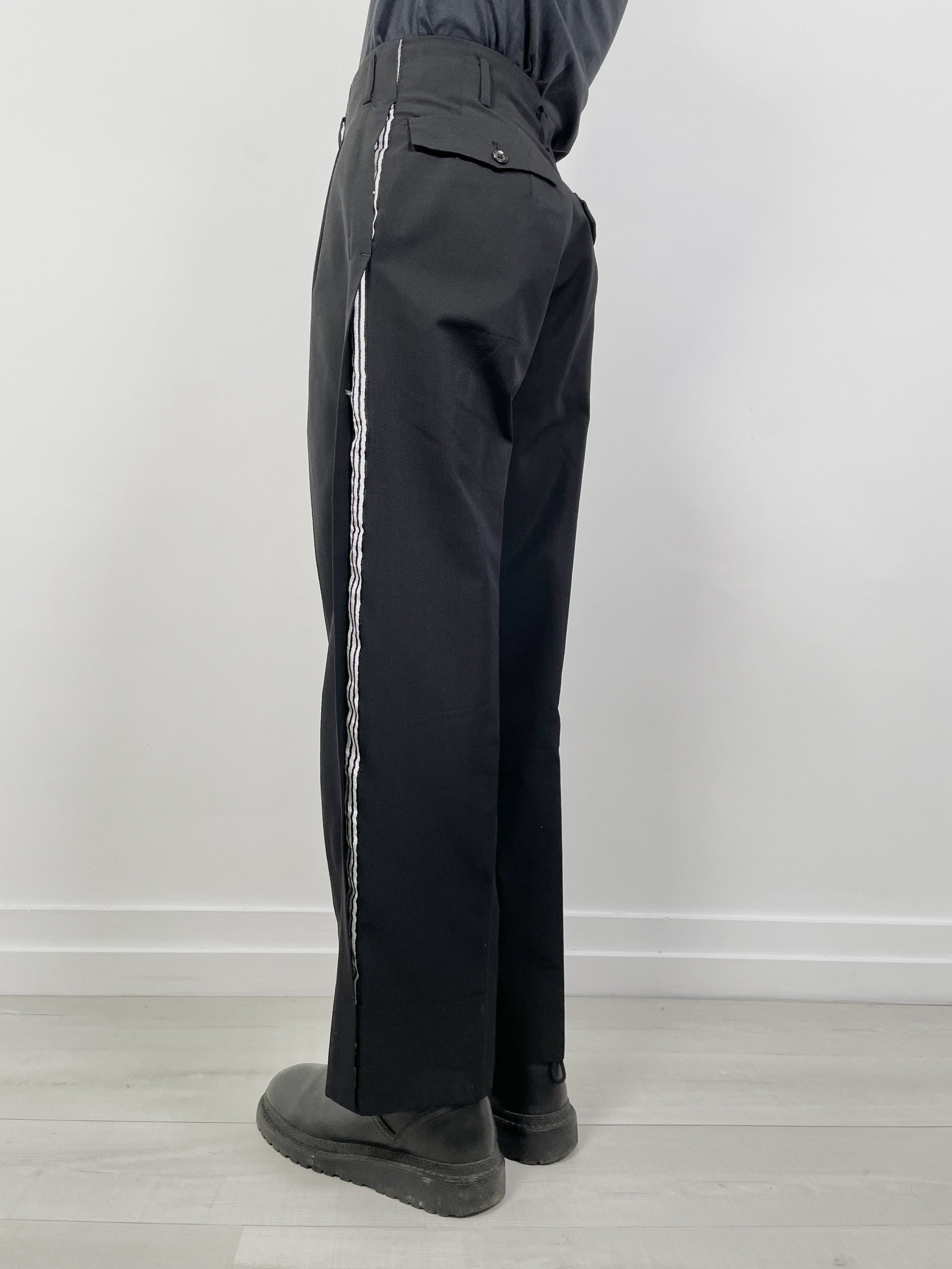 Yohji Yamamoto POUR HOMME Black Wool Pleated Tuxedo Pants - Faulkner