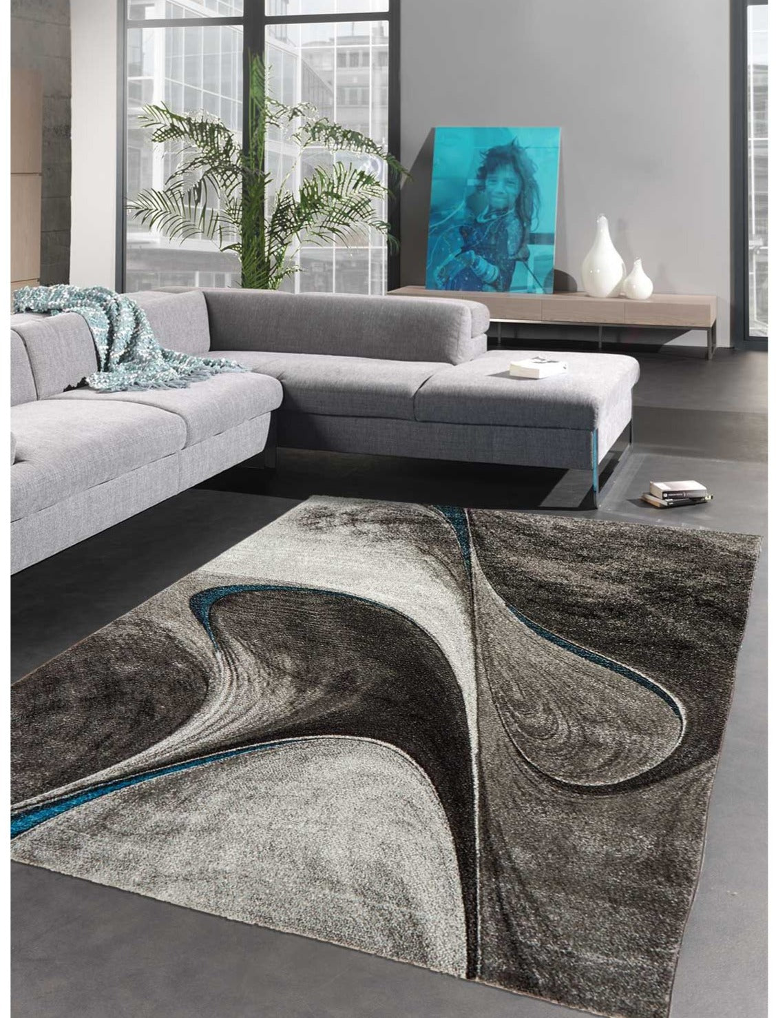 Tapis en polypropylène gris japonais, salon, canapé, moderne