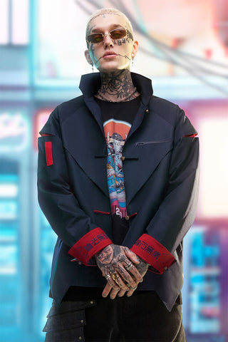 A tattooed man wearing cyberpunk clothing fashion and a cyber glasses