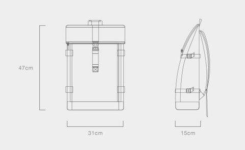 Backpack sizing Width 31cm x Height 47cm x Thickness 15cm