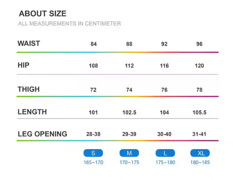 Size chart of the Aventura Waterproof Techwear Pants