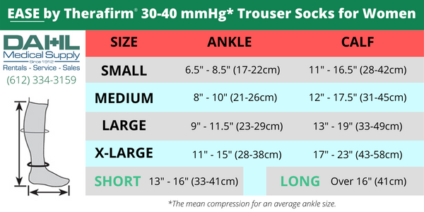 30-40 mmHg Compression Trouser Sock for Women Sizing Chart