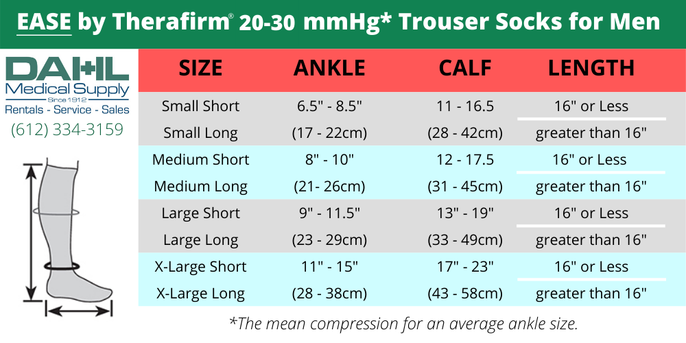 20-30 mmHg Trouser Socks for Men Sizing Chart