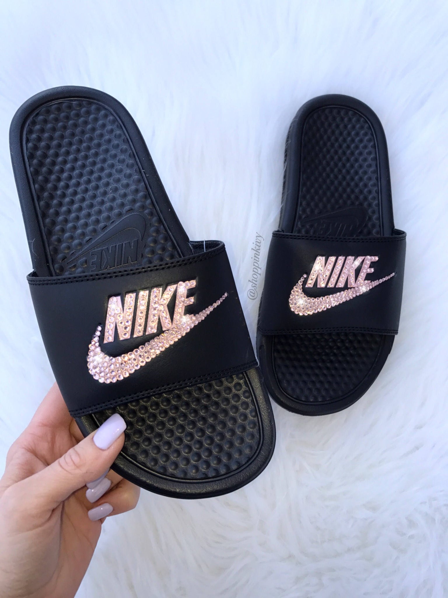 nike benassi rose gold slides