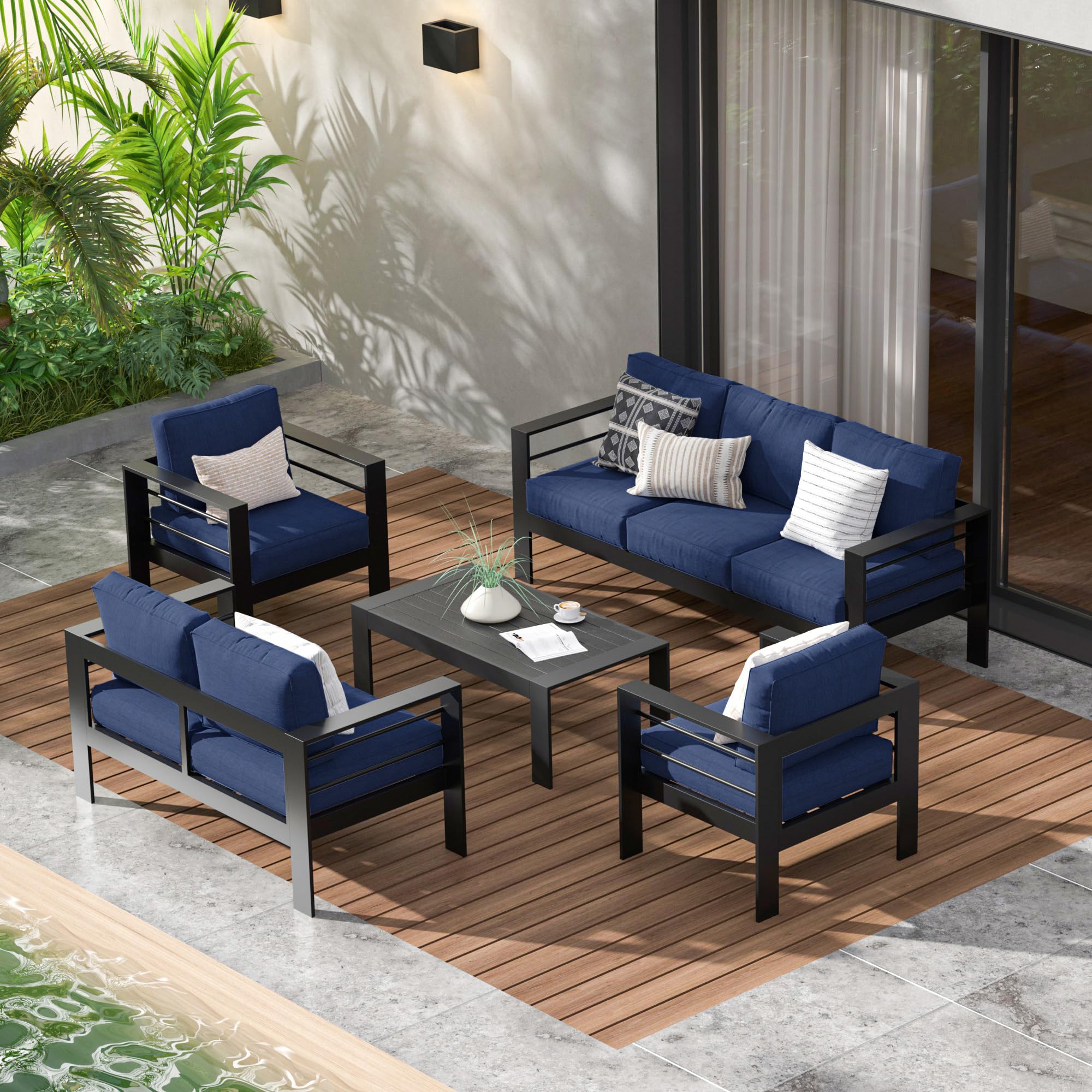 Heynemo Aluminum Outdoor Patio Furniture Set, 7 Seats Modern Patio Sectional Sofa Conversation Set, Outdoor Seating Set with Coffee Table for Deck Garden Backyard, Blue