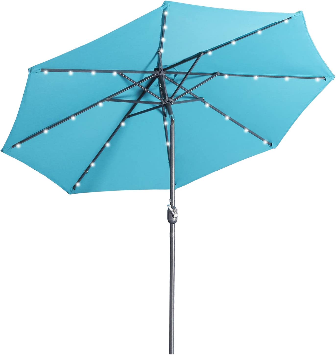 turquoise patio umbrella with solar lights