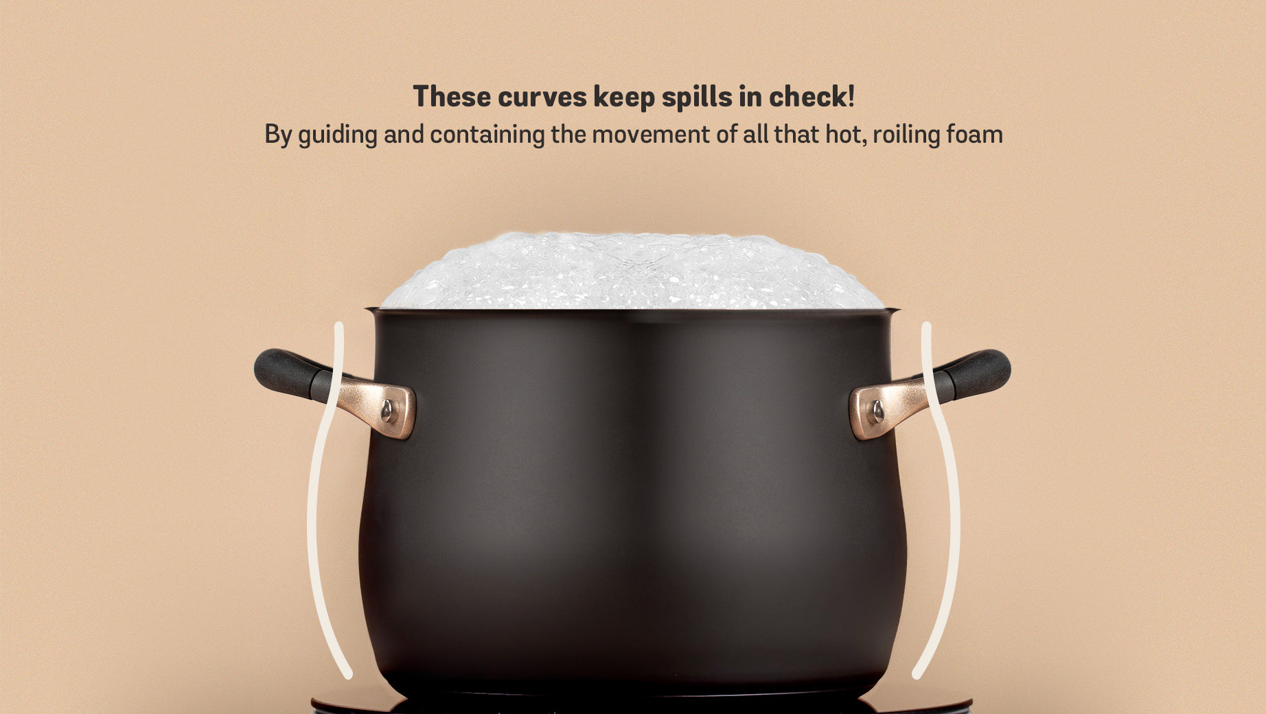 Showing the curves of the Meyer stainless steel stockpot that keep spills in check