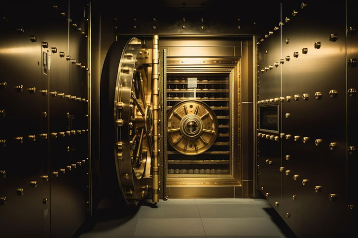 A bank vault door opening to reveal gold storage