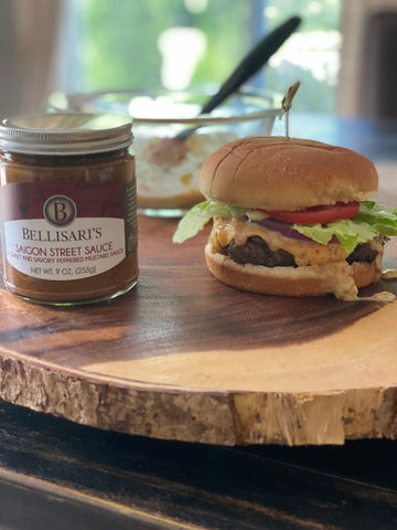 Bellisari's Smash Burger Recipe next to Bellisari's Saigon Street Sauce