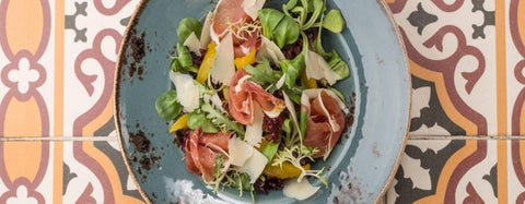 Peach and Prosciutto Salad with Shaved Parmesan and Spicy Fig Spread