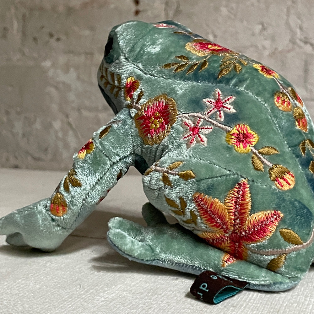 Amy Silk Velvet Embroidered Frog in Shaded Lagoon