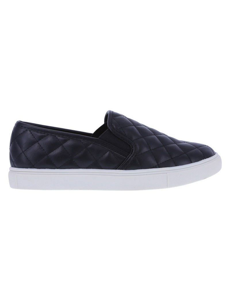 black faux leather slip on sneakers